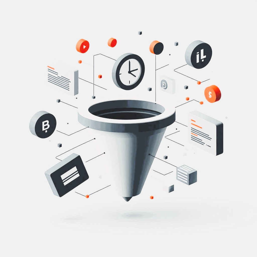 Abstract 3D funnel visualizing paid media traffic flow, budget control, and PPC campaign optimization.